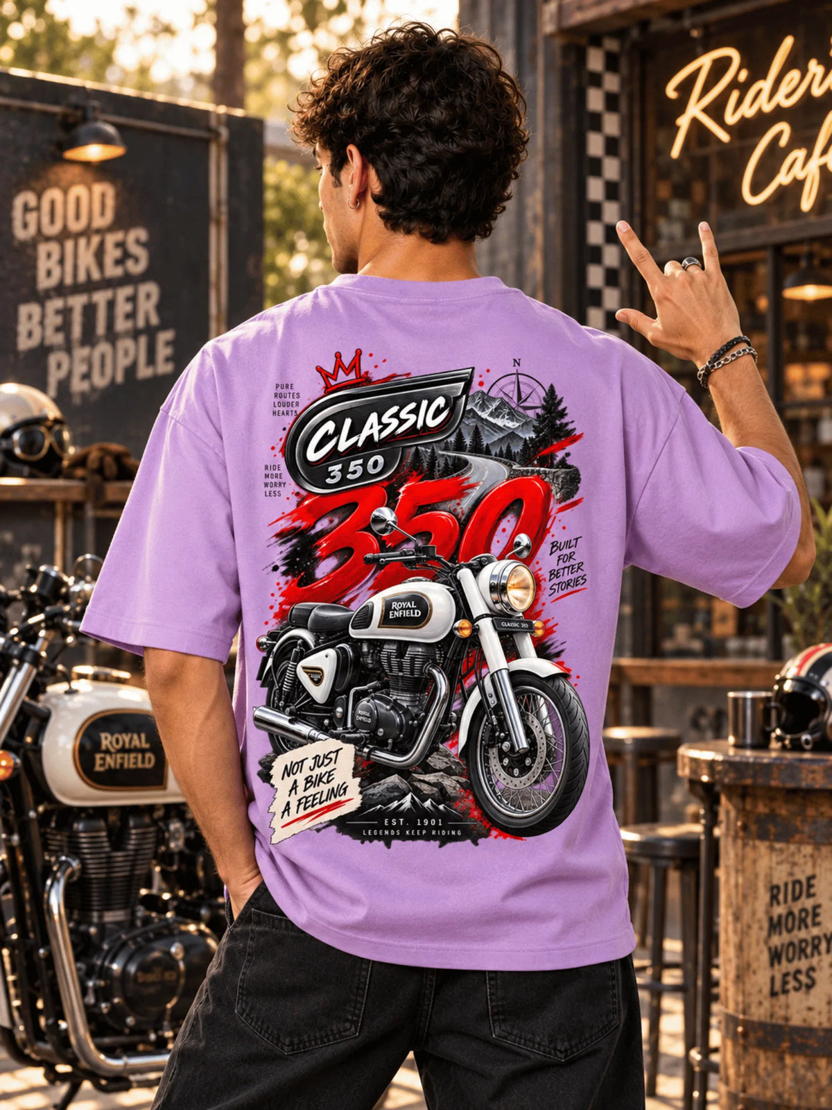 Excello Men's Royal Enfield Classic 350 Graphic Oversized T-Shirt | Lavender