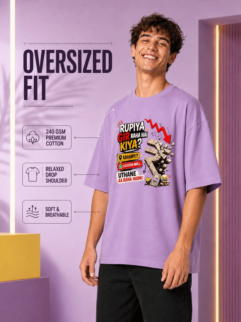 Excello Men's 'Rupiya Gir Raha Hai' Humorous Graphic Oversized T-Shirt| Rose Pink