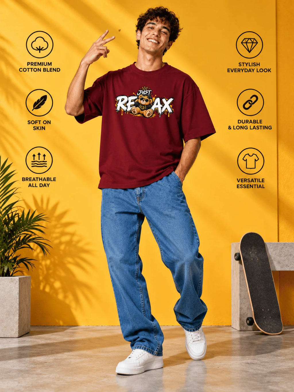 Excello Men's 'Just Relax' Teddy Bear Graphic Oversized T-Shirt | Maroon
