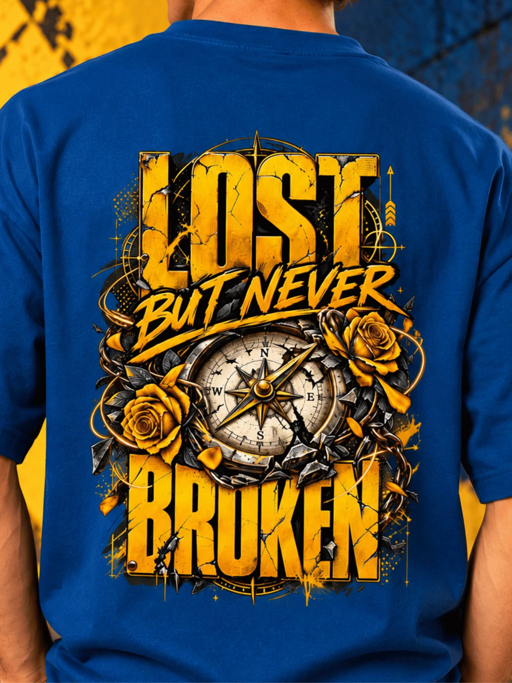 Excello Men's 'Lost But Never Broken' Compass Graphic Oversized T-Shirt | Air Force Blue