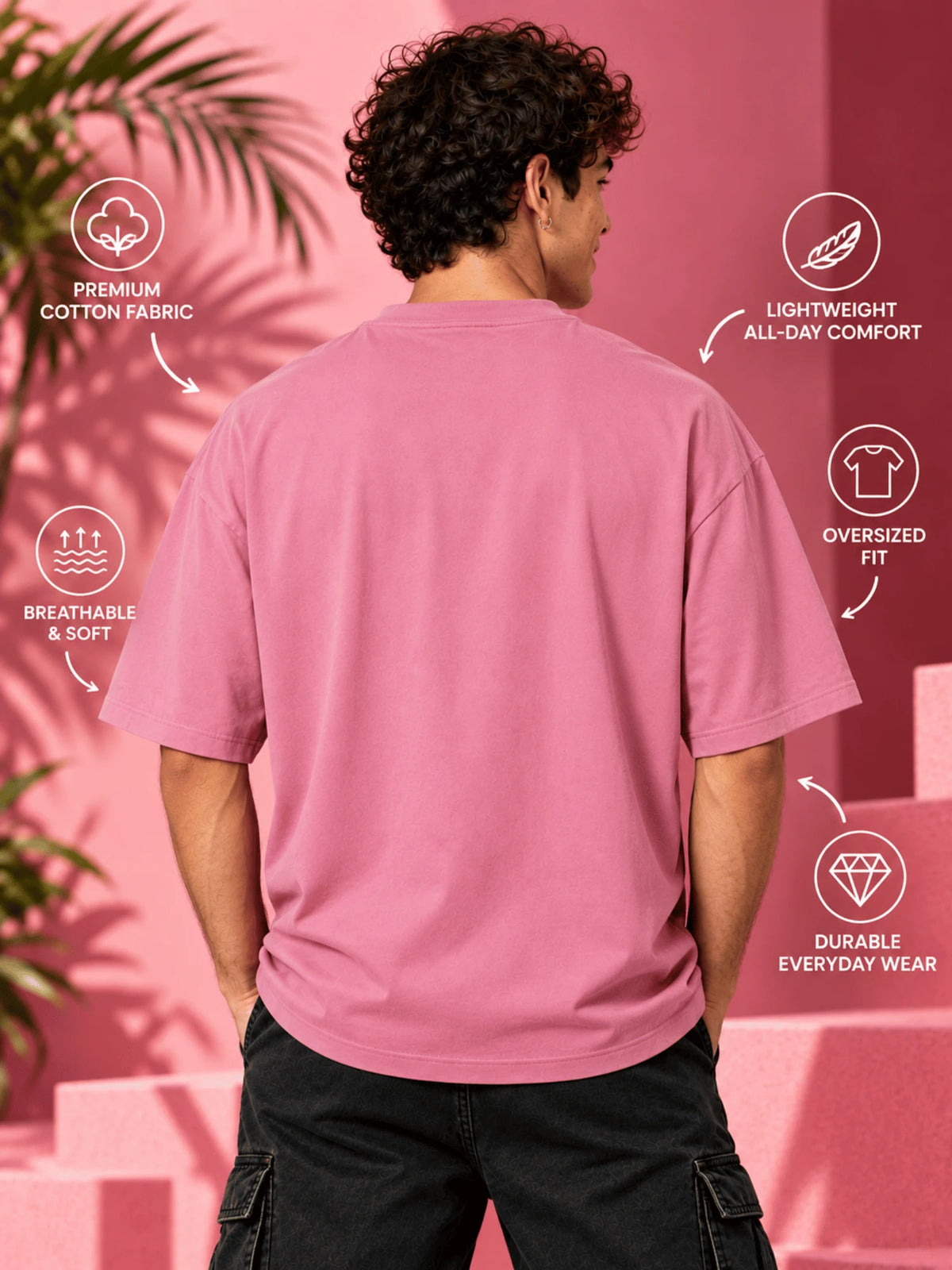 Excello Men's 'Work Hard' Motivational Typography Oversized T-Shirt |  Rose Pink