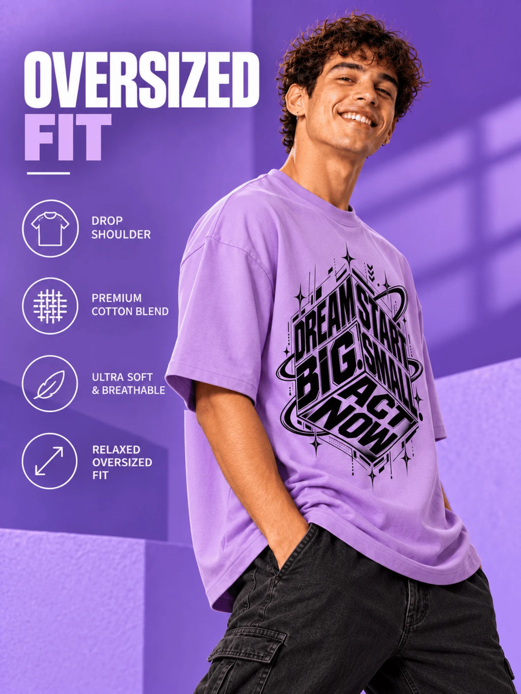 Excello Men's 'Dream Big' Motivational Graphic Oversized T-Shirt | Lavender
