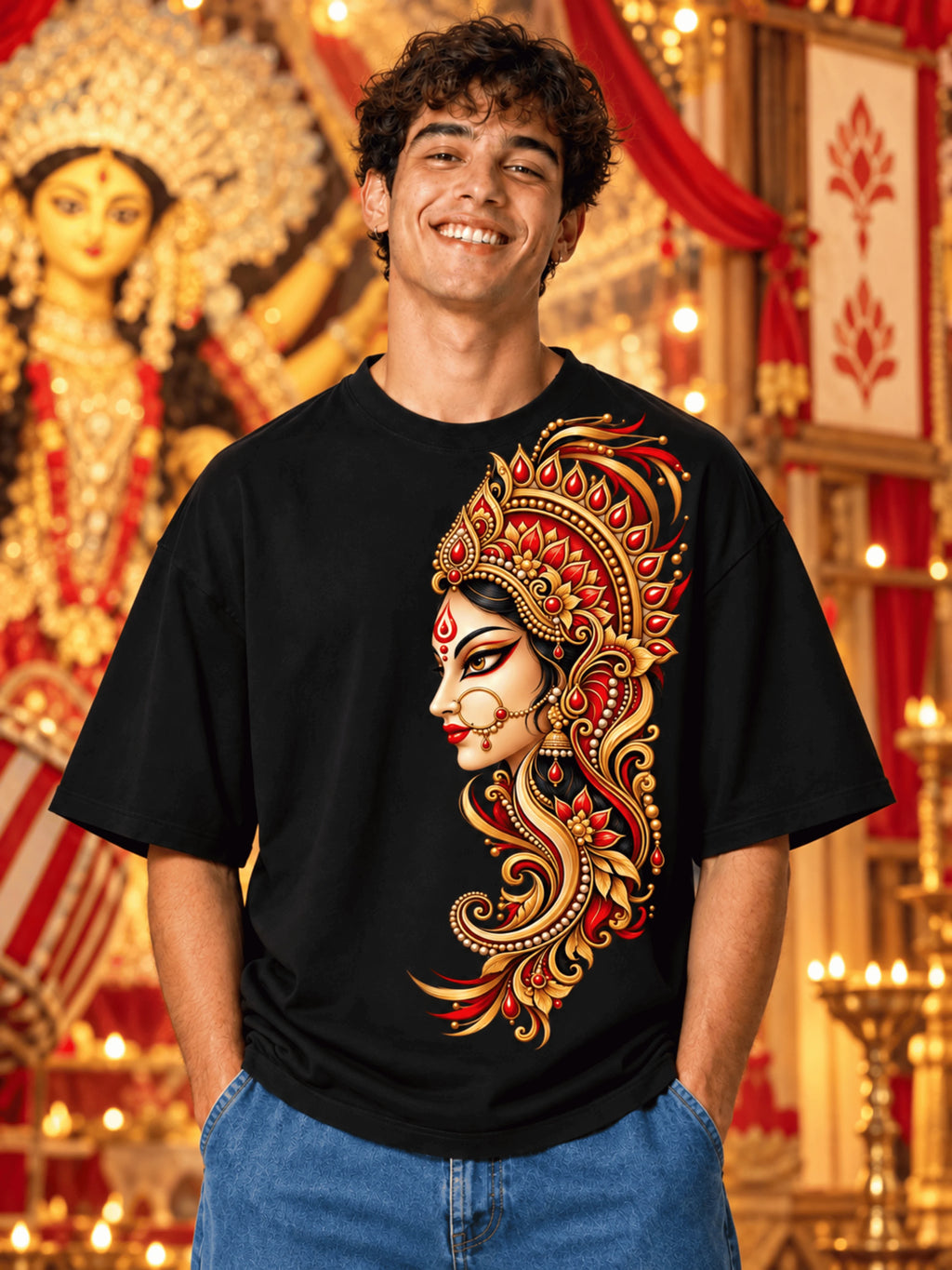 Excello Men's Divine Goddess Golden Profile Graphic Oversized T-Shirt | Black