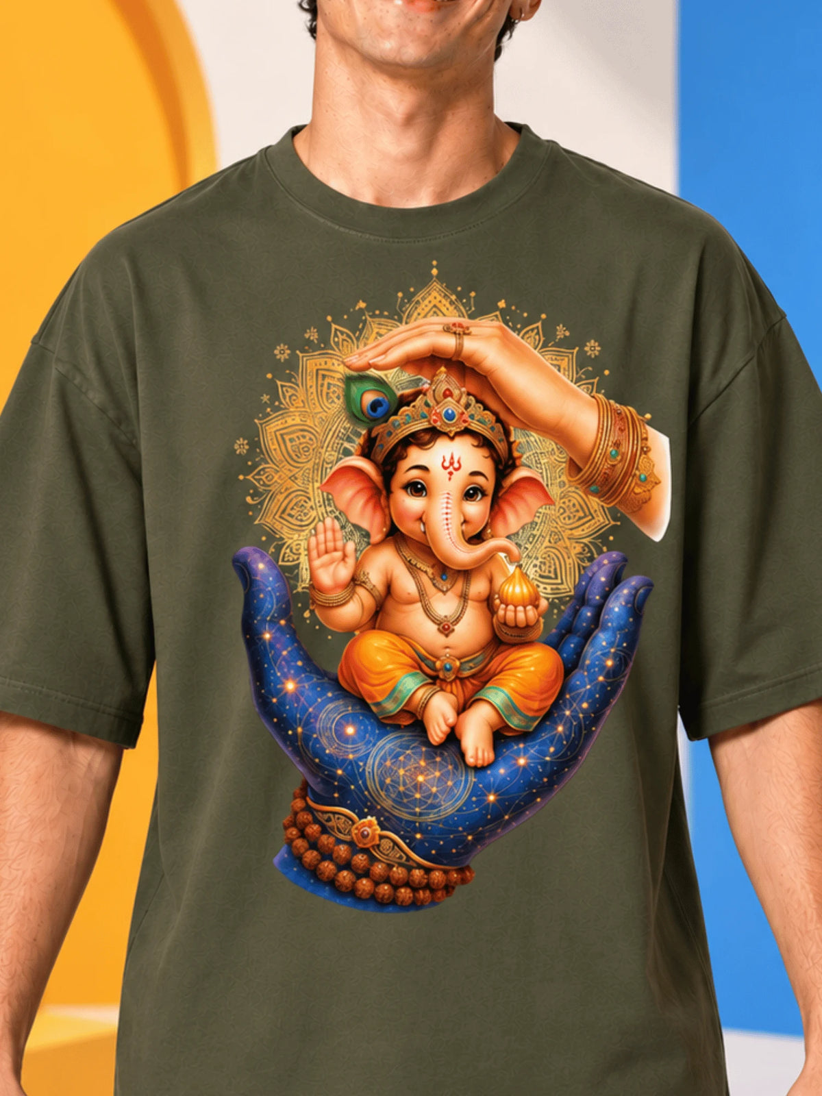 Excello Men's Divine Ganesha Blessing Graphic Oversized T-Shirt - 240 GSM Pure Cotton, Bio-Washed-Olive