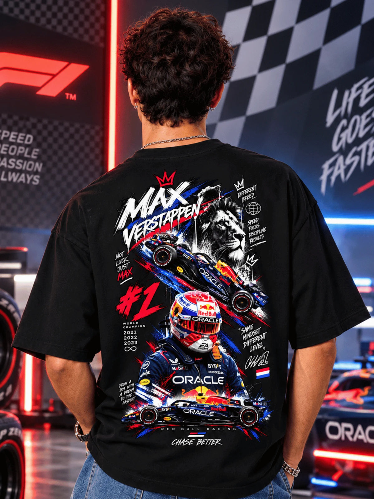 Excello Men's Max Verstappen Racing Graphic Oversized T-Shirt | Black