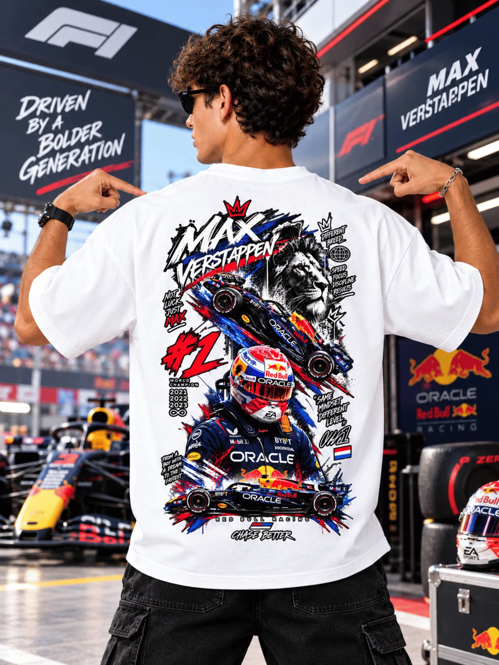 Excello Men's Max Verstappen Racing Graphic Oversized T-Shirt | White