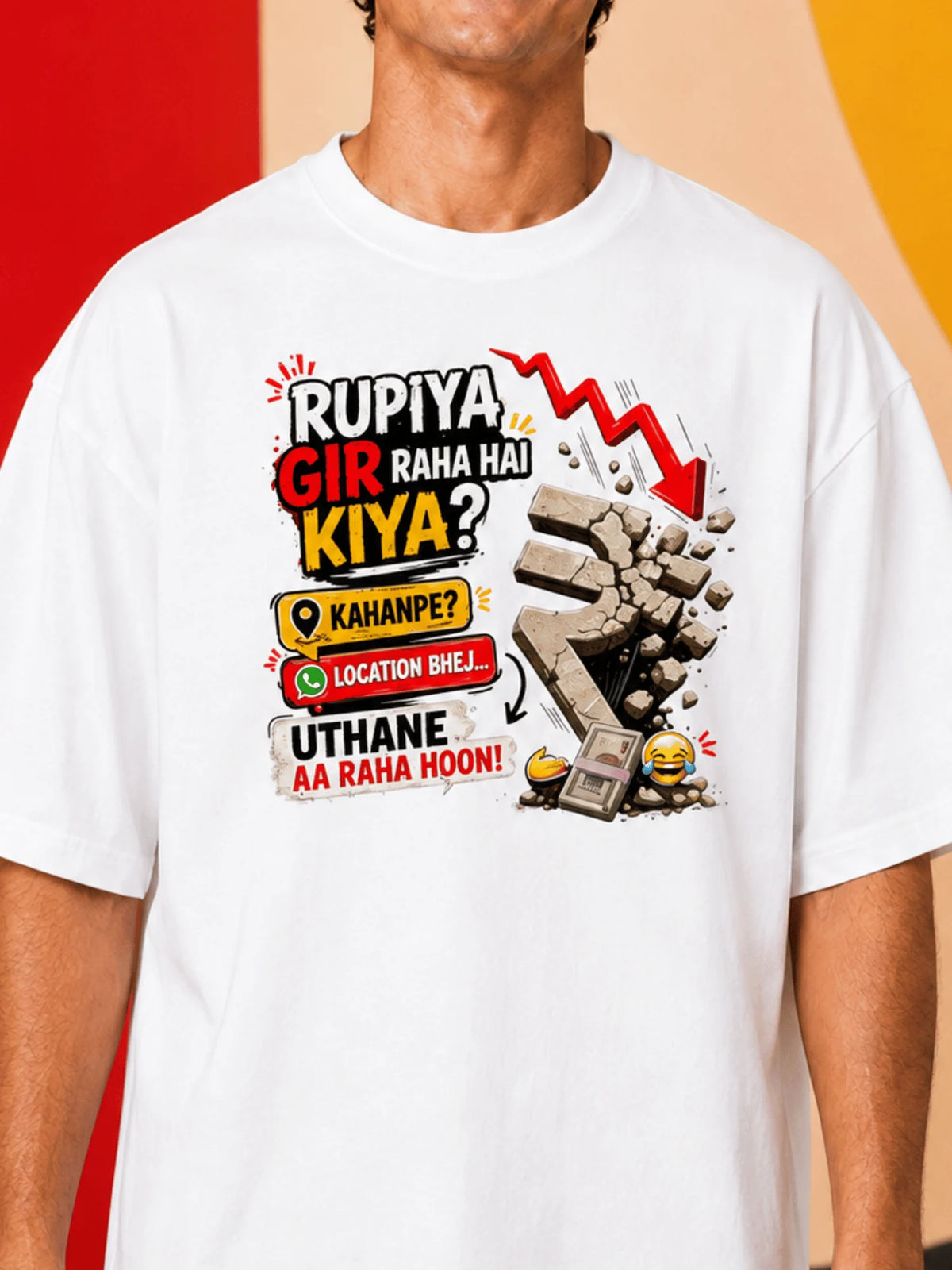 Excello Men's 'Rupiya Gir Raha Hai' Humorous Graphic Oversized T-Shirt| White