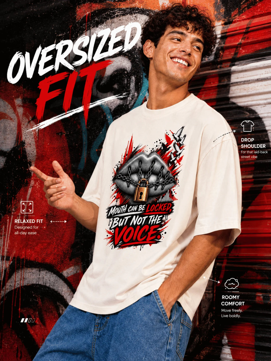 Excello Men's 'Unstoppable Voice' Typography Graphic Oversized T-Shirt | Off White