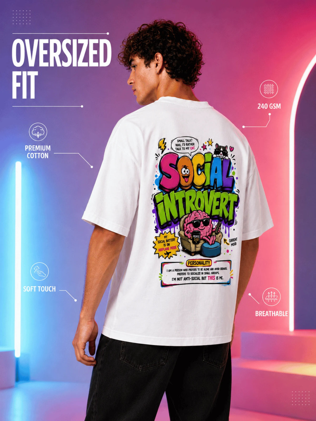 Excello Men's 'Social Introvert' Graphic Oversized T-Shirt | White