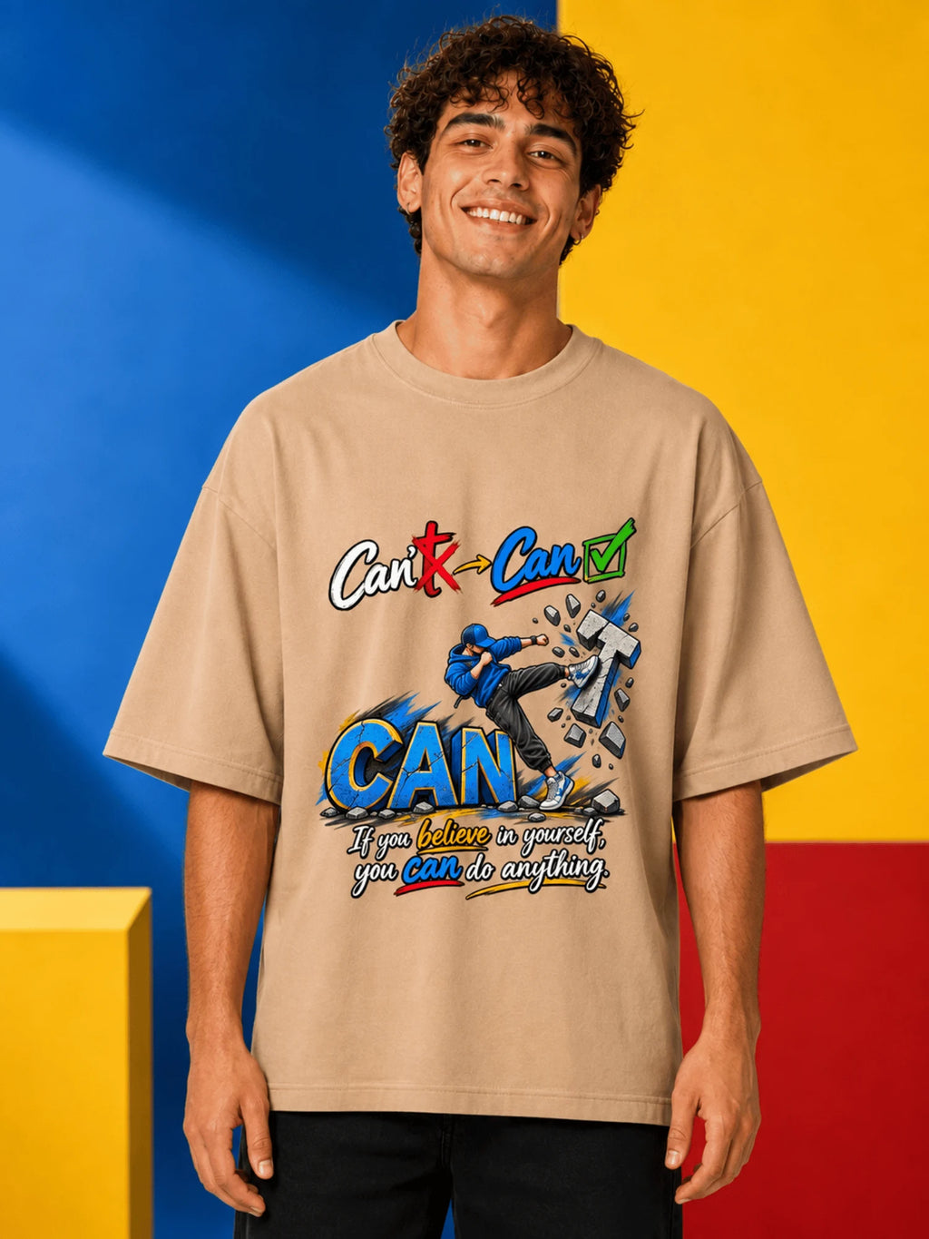 Excello Men's 'Believe You Can' Motivational Graphic Oversized T-Shirt - Premium Cotton | Beige