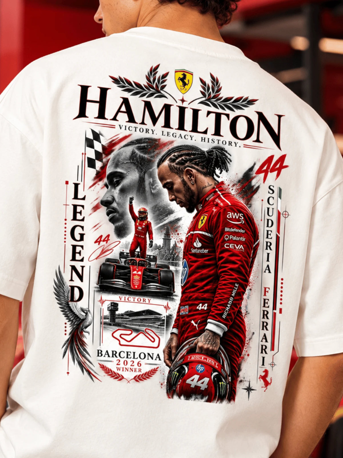 Excello Men's Hamilton Legend Racing Graphic Oversized T-Shirt | Off White