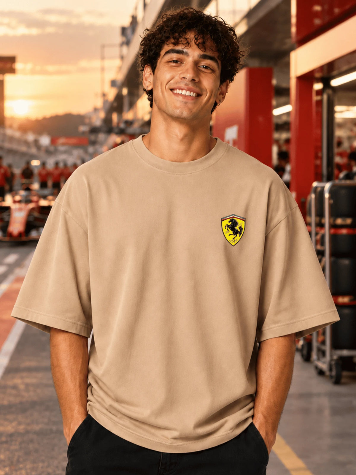 Excello Men's Hamilton Legend Racing Graphic Oversized T-Shirt | Beige