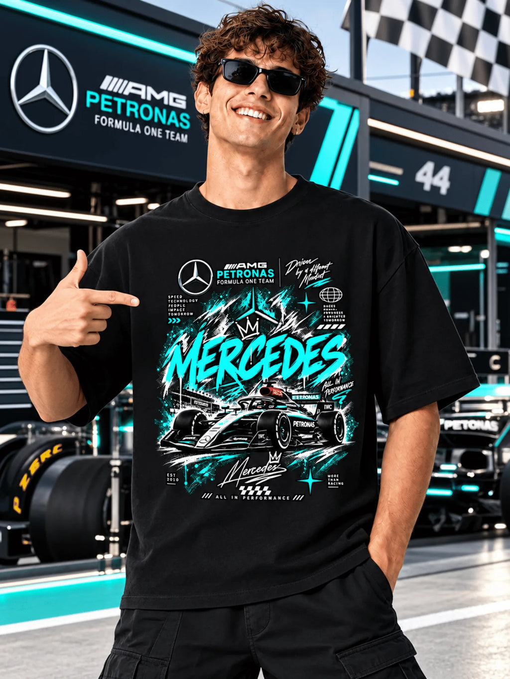 Excello Men's Mercedes-AMG Petronas F1 Graphic Oversized T-Shirt | Black