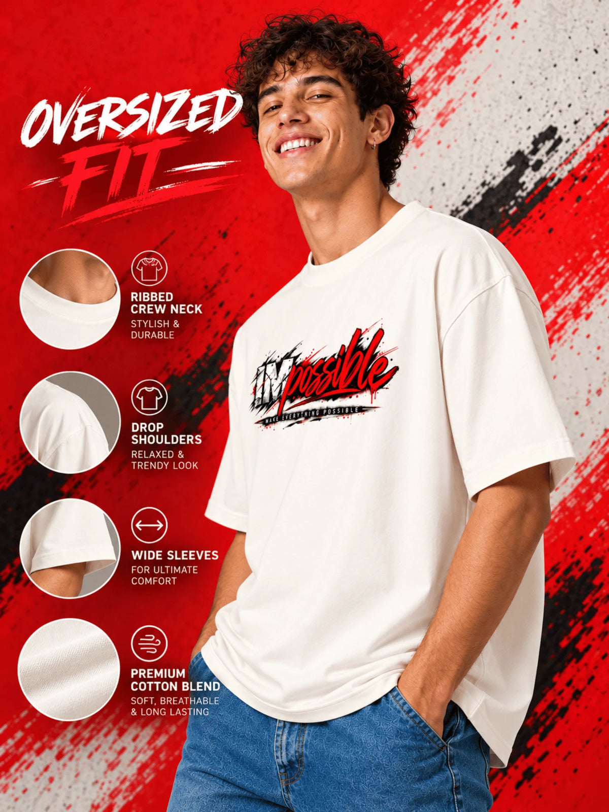 Excello Men's 'Impossible' Motivational Graphic Oversized T-Shirt | Off  White