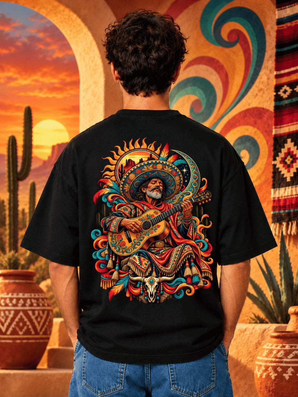 Excello Men's Mexican Musician Graphic Oversized T-Shirt | Black