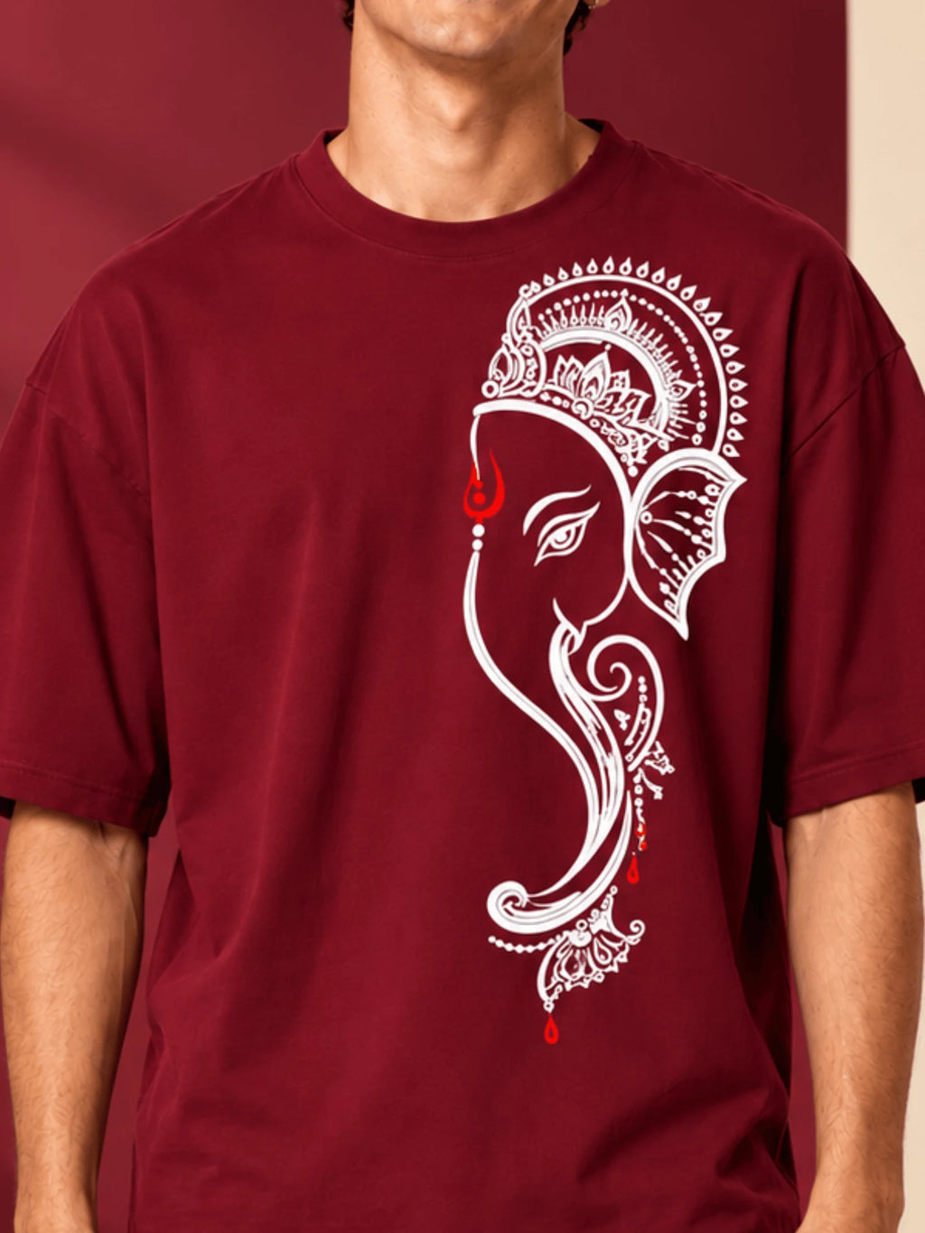 Excello Men's Minimalist Ganesha Line Art Graphic Oversized T-Shirt - 240 GSM Pure Cotton, Bio-Washed-Maroon