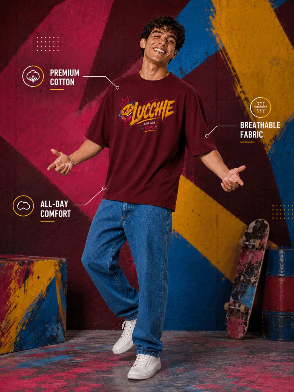 Excello Men's 'Lucchhe Nahi Hain Hum' Graphic Oversized T-Shirt | Maroon