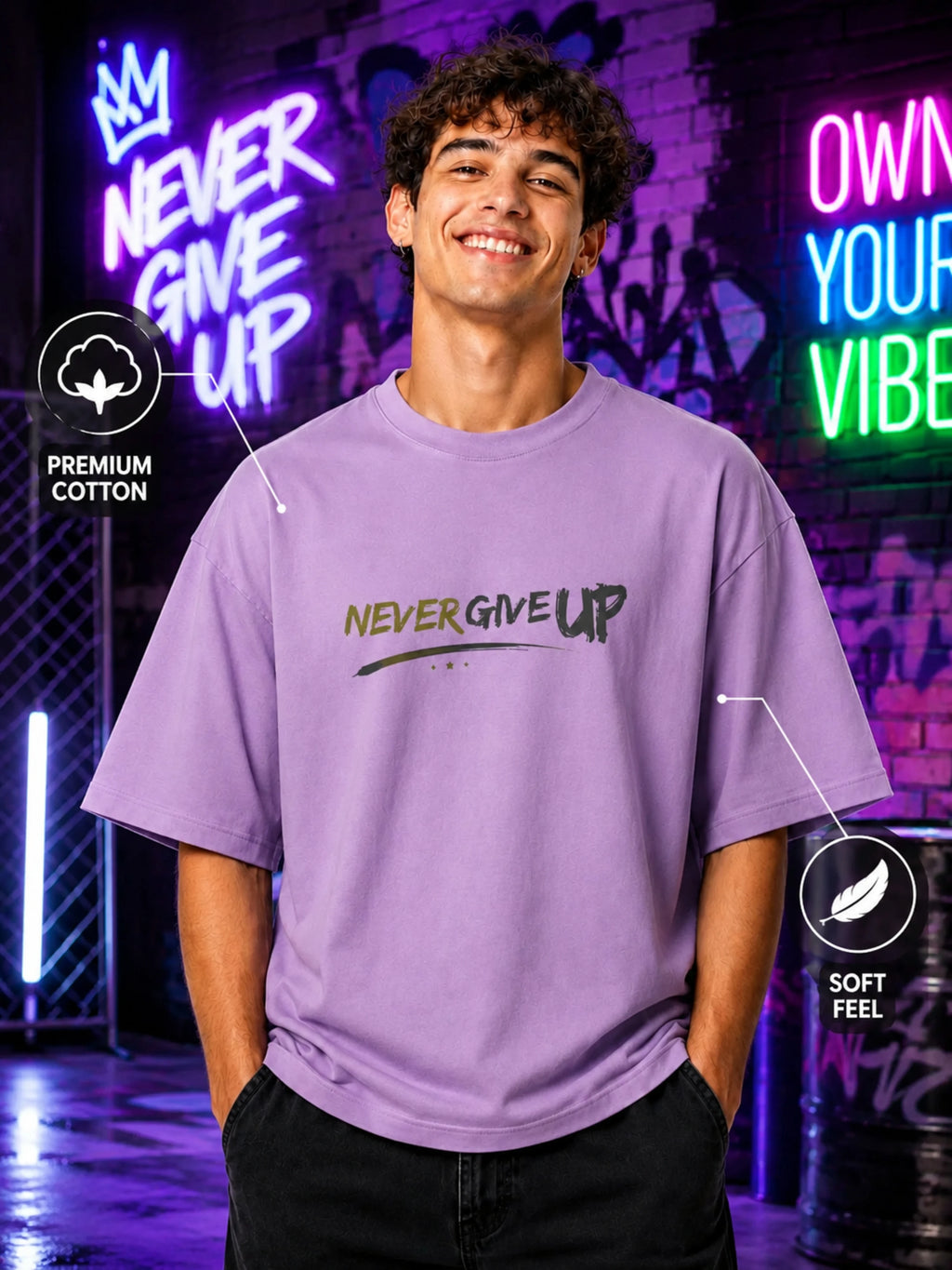 Excello Men's 'Never Give Up' Resilience Graphic Oversized T-Shirt | Lavender