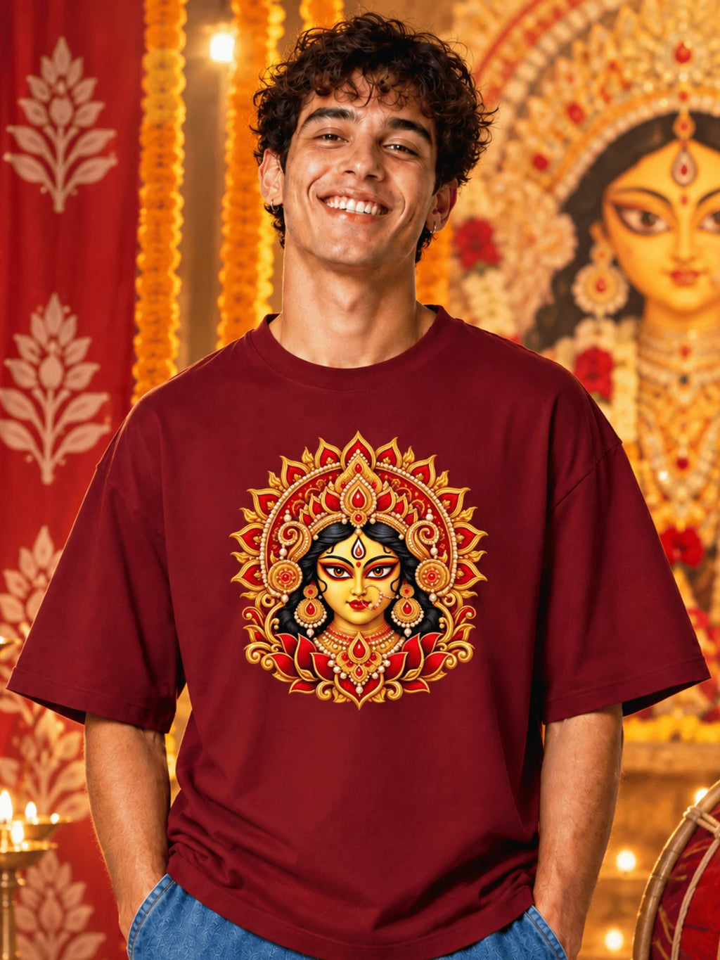 Excello Men's Divine Maa Durga Portrait Graphic Oversized T-Shirt | Maroon