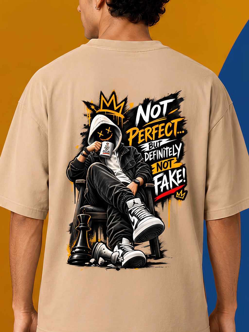 Excello Men's 'Not Perfect Not Fake' Graphic Oversized T-Shirt | Beige