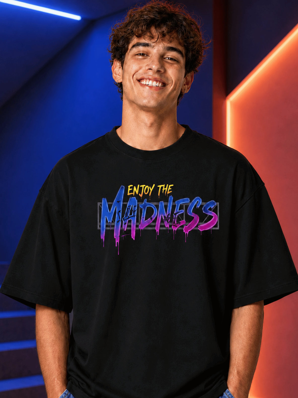 Excello Men's 'Enjoy The Madness' Graffiti Graphic Oversized T-Shirt | Black