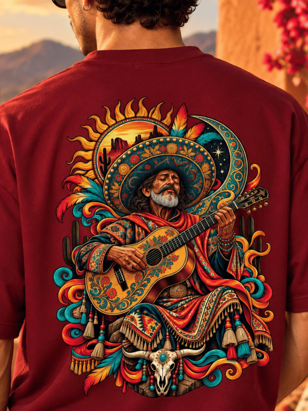 Excello Men's Mexican Musician Graphic Oversized T-Shirt | Maroon