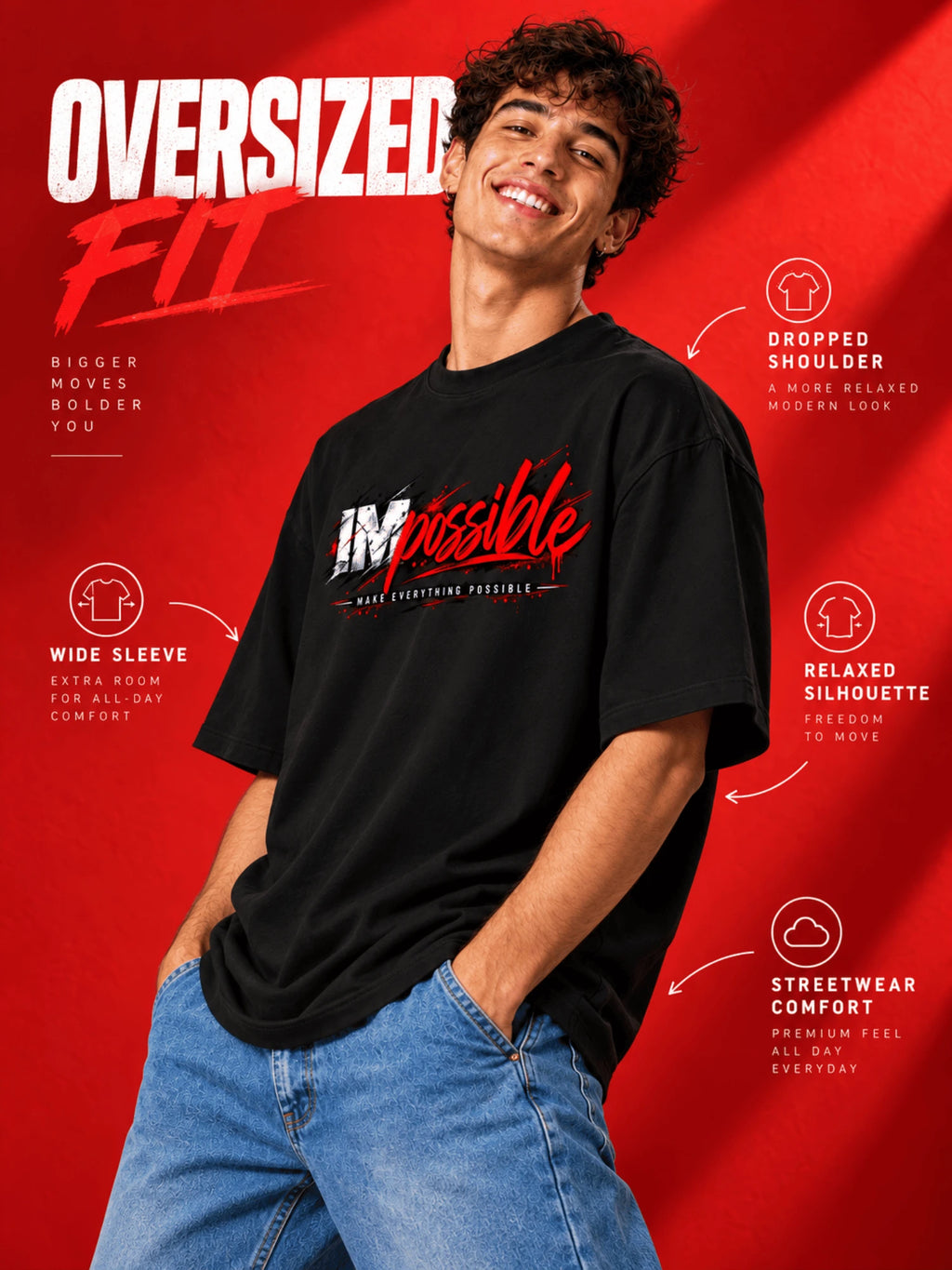 Excello Men's 'Impossible' Motivational Graphic Oversized T-Shirt | Black