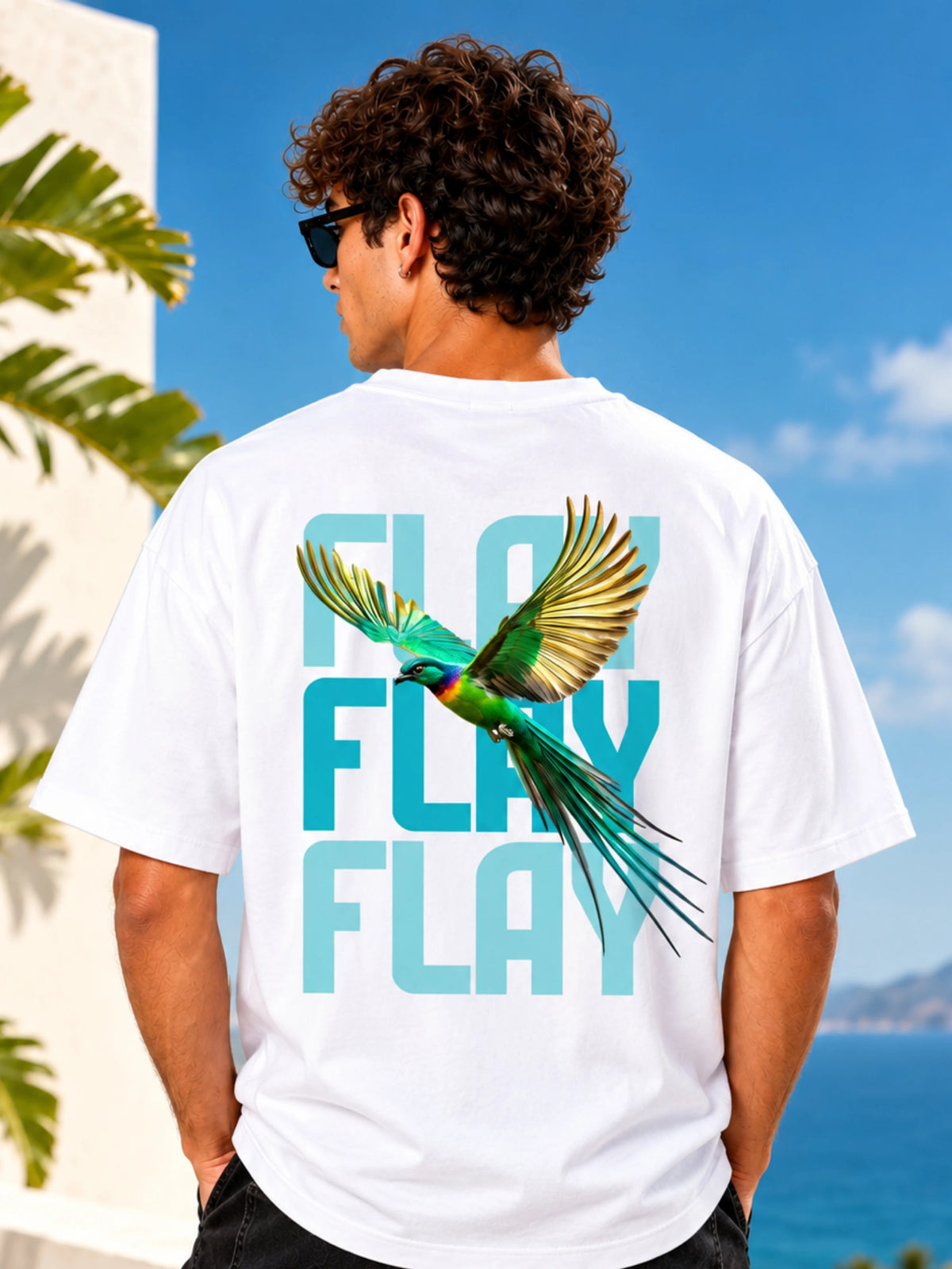 FLAY Men's Premium Oversized Graphic T-Shirt – 100% Rich Cotton, 240 GSM Heavyweight White Tee with Bird Back Print | White
