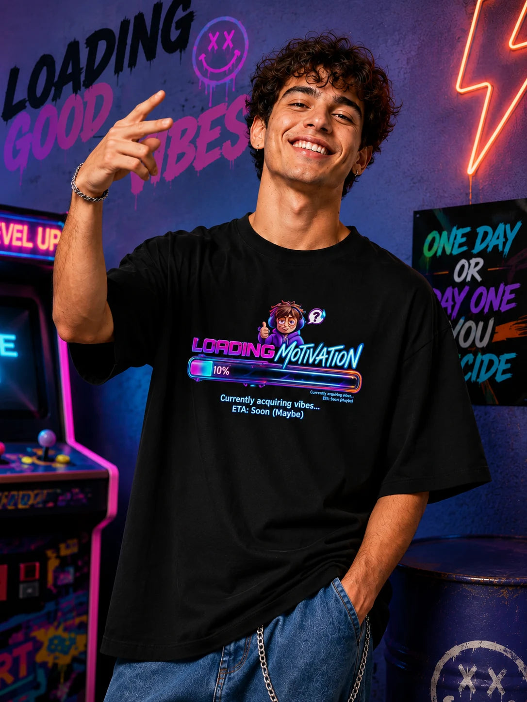 Excello Men's 'Loading Motivation' Gamer Graphic Oversized T-Shirt | Black