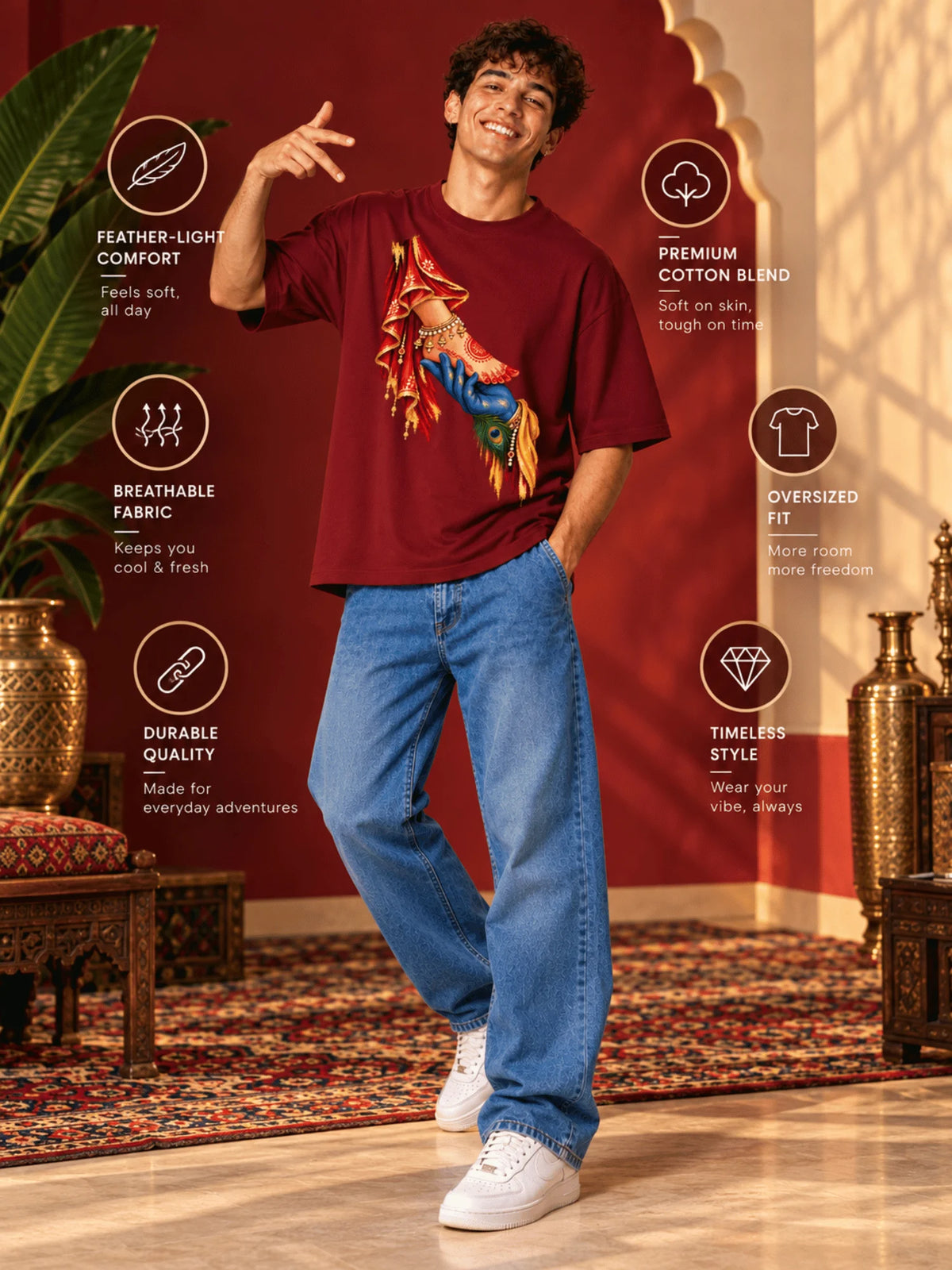 Excello Men's Divine Radha Krishna Love Graphic Oversized T-Shirt - 240 GSM | Maroon