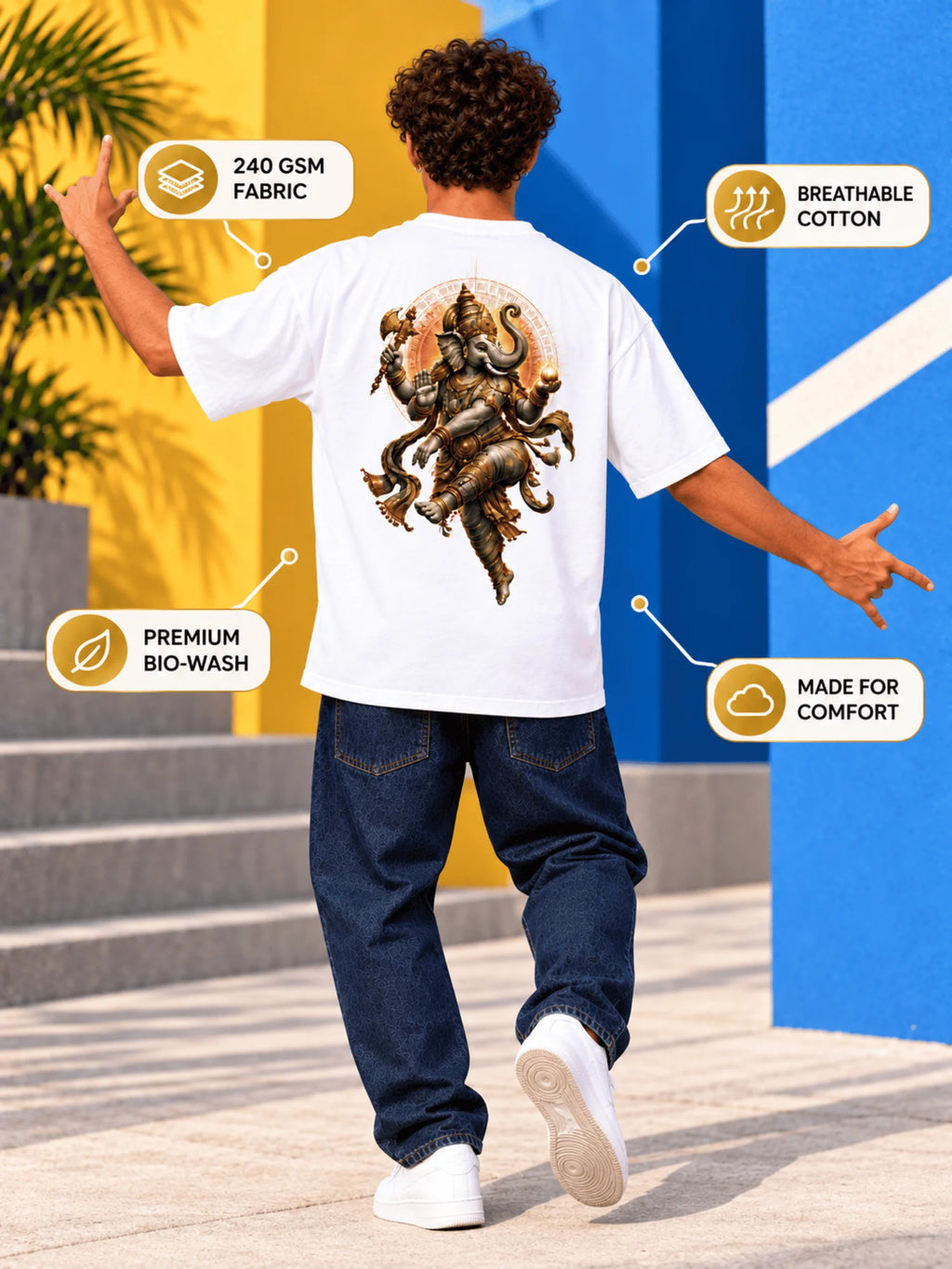 Excello Men's Dynamic Dancing Ganesha Graphic Oversized T-Shirt - 240 GSM Pure Cotton, Bio-Washed | White