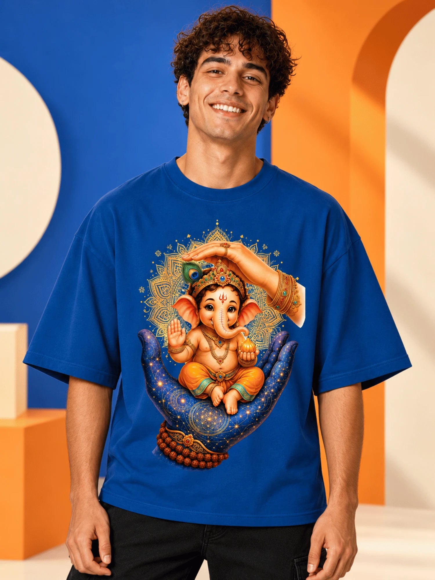 Excello Men's Divine Ganesha Blessing Graphic Oversized T-Shirt - 240 GSM Pure Cotton, Bio-Washed-AirForce Blue