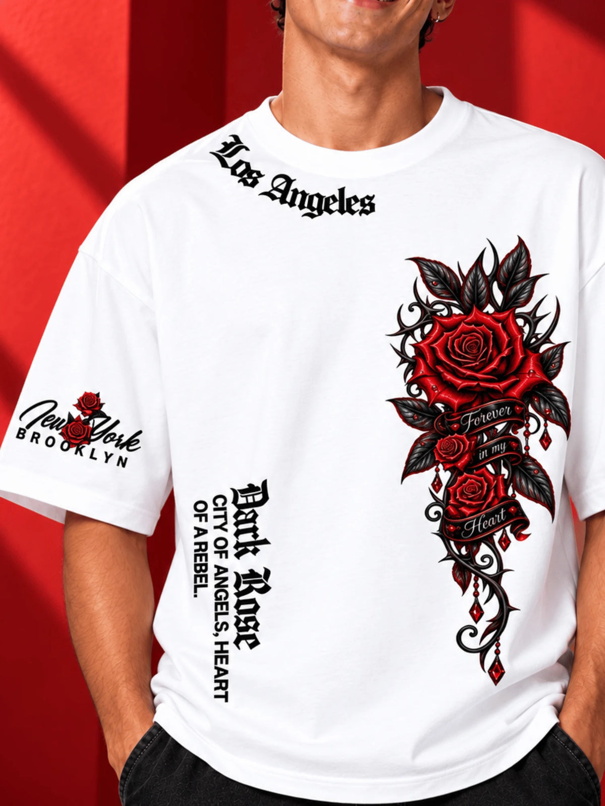 Excello Men's 'Dark Rose' Rebel Graphic Oversized T-Shirt | White