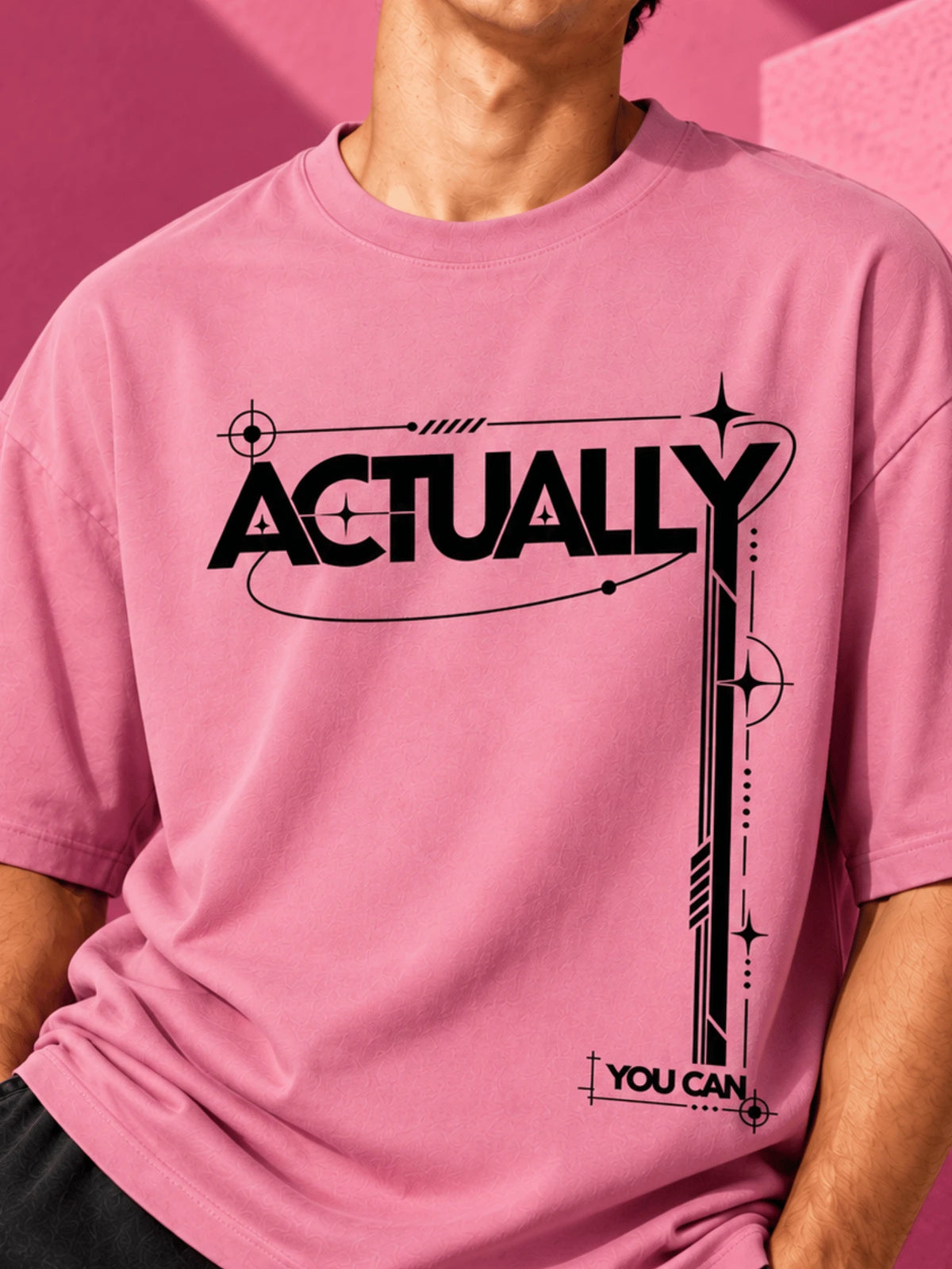 Excello Men's 'Actually You Can' Typography Oversized T-Shirt | Rose Pink