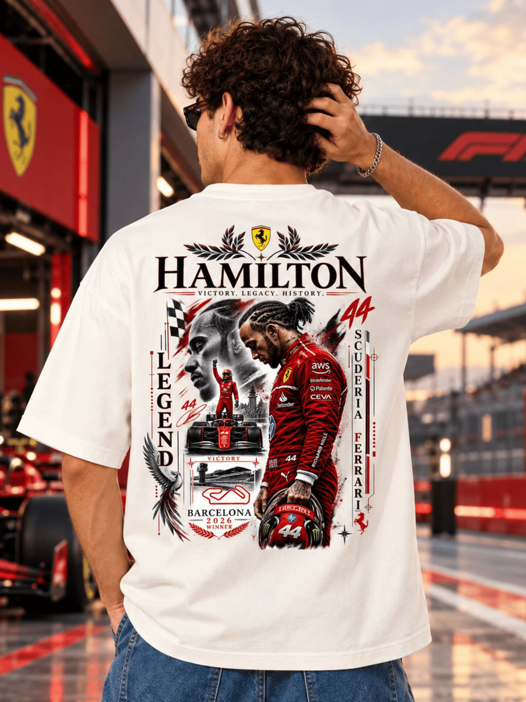 Excello Men's Hamilton Legend Racing Graphic Oversized T-Shirt | Off White