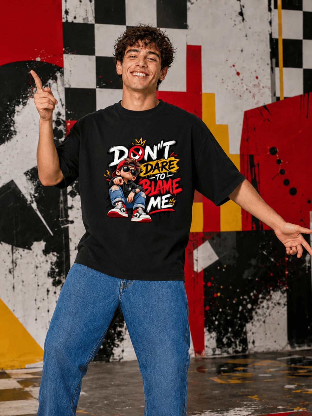 Excello Men's 'Don't Dare to Blame Me' Graphic Oversized T-Shirt | Jet Black