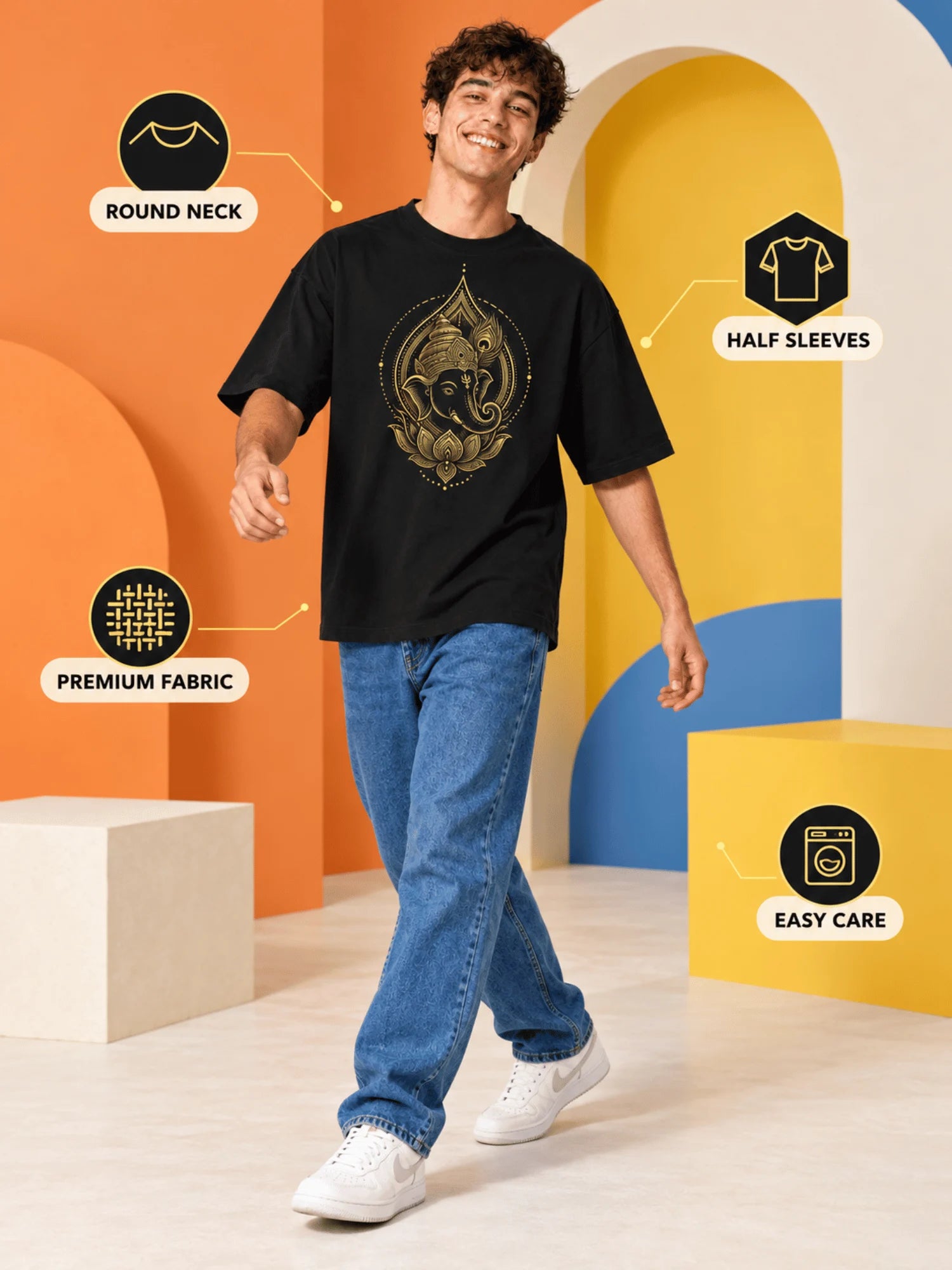Excello Men's Golden Ganesha Aura Graphic Oversized T-Shirt - 240 GSM Pure Cotton, Bio-Washed | Black