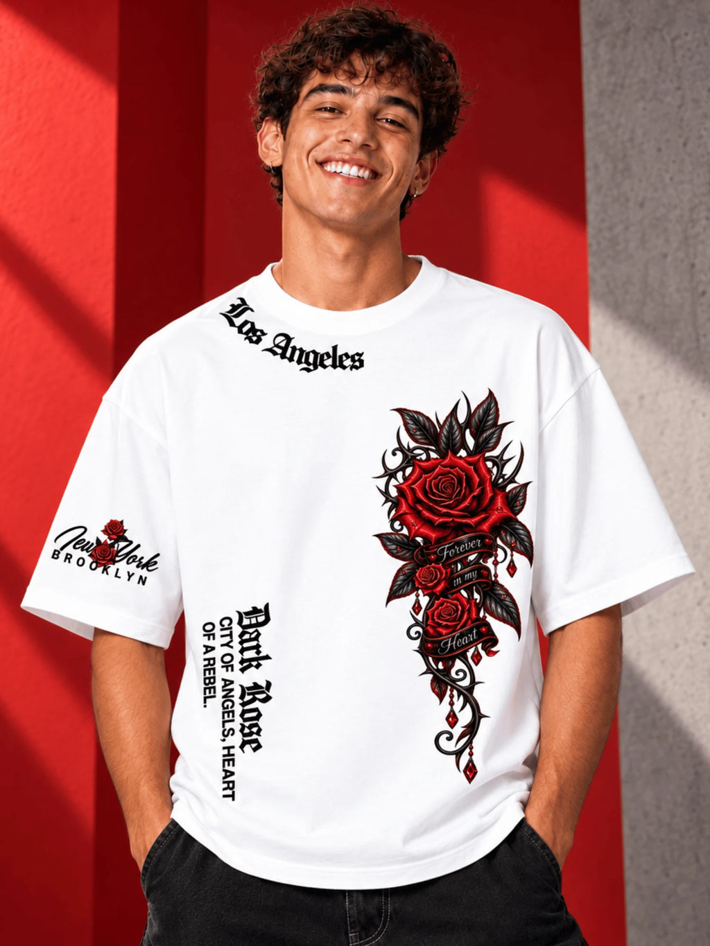 Excello Men's 'Dark Rose' Rebel Graphic Oversized T-Shirt | White