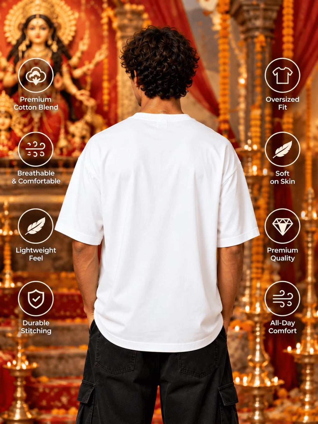 Excello Men's Divine Goddess Golden Profile Graphic Oversized T-Shirt | White