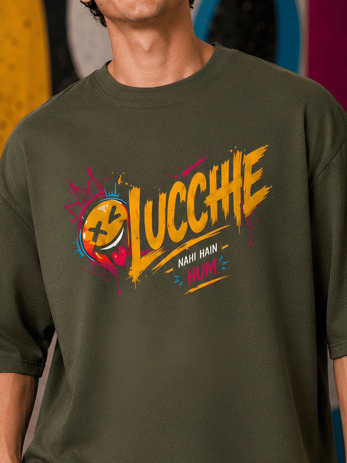 Excello Men's 'Lucchhe Nahi Hain Hum' Graphic Oversized T-Shirt | Olive