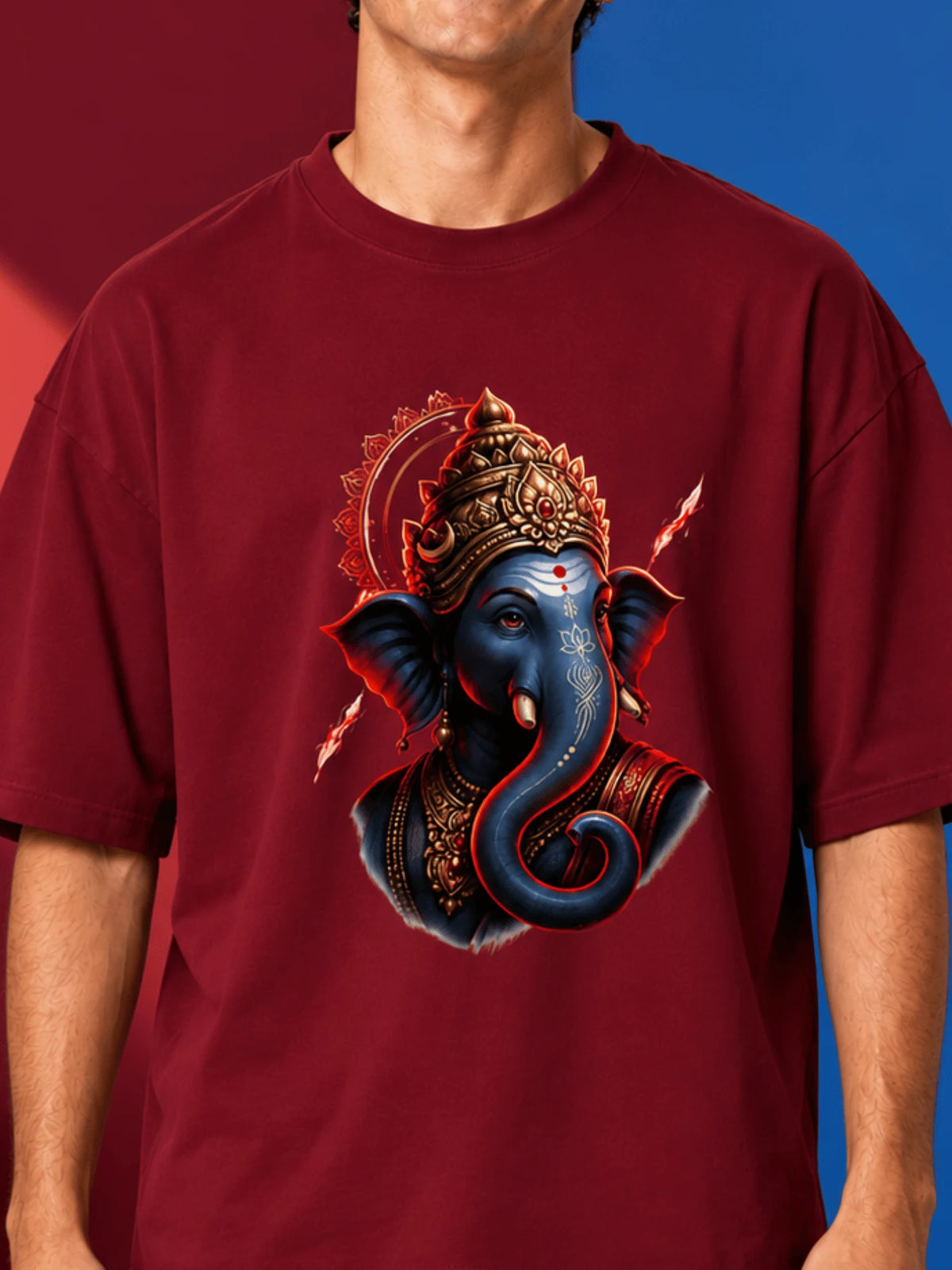 Excello Ganesha Oversized T-Shirt - 240GSM Cotton-Maroon