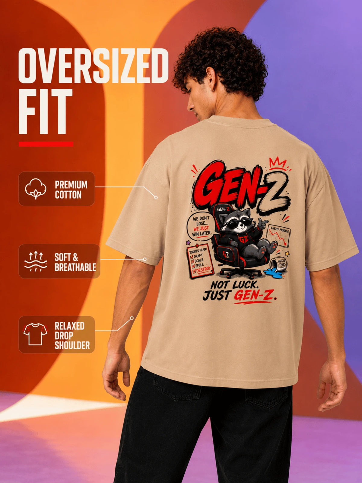 Excello Men's 'Gen-Z Raccoon' Gamer Graphic Oversized T-Shirt | Beige