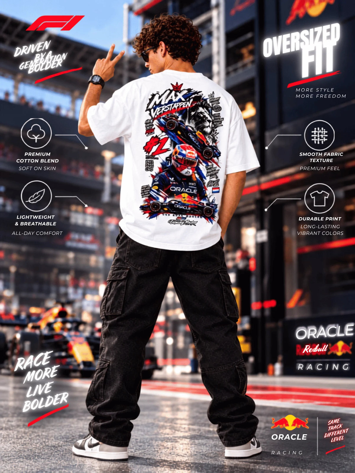 Excello Men's Max Verstappen Racing Graphic Oversized T-Shirt | White
