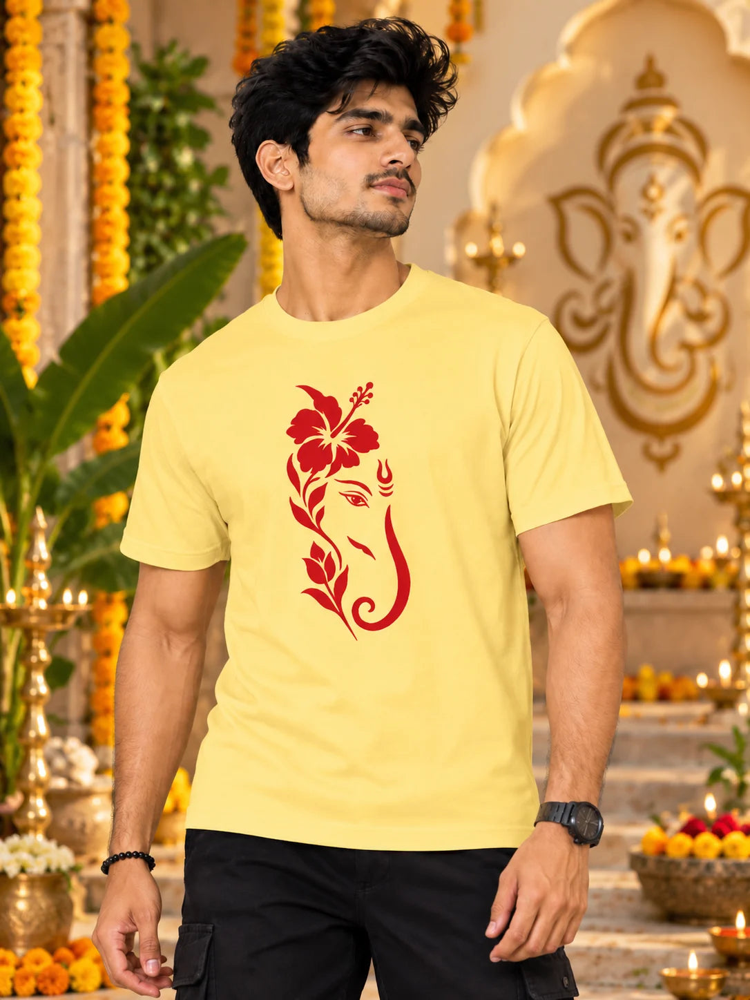 Men's Premium Pure Cotton Ganesha Graphic T-Shirt | 180 GSM Bio-Washed Regular Fit-Pastel Yellow