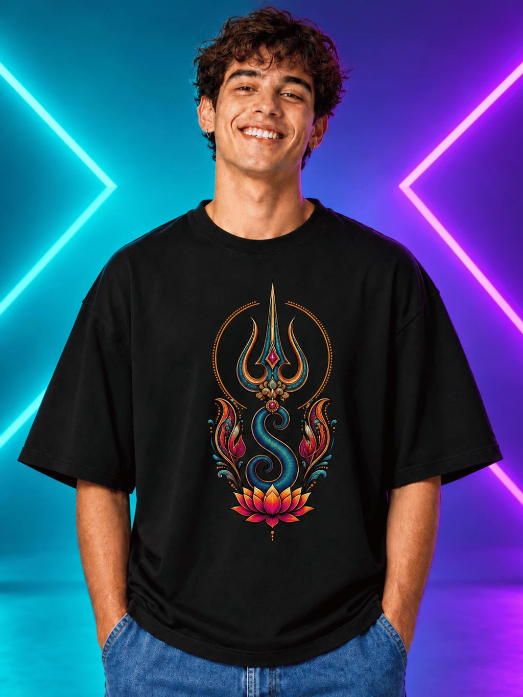 Excello Men's Divine Ganesha Trishul Graphic Oversized T-Shirt - 240 GSM Pure Cotton, Bio-Washed-Black