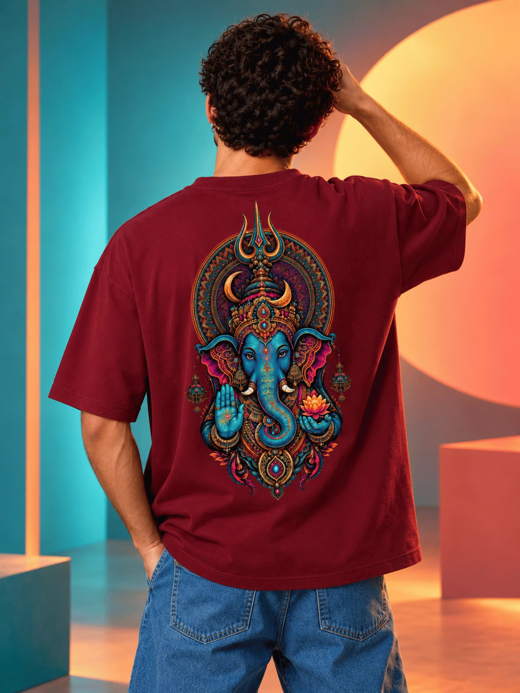Excello Men's Divine Ganesha Trishul Graphic Oversized T-Shirt - 240 GSM Pure Cotton, Bio-Washed-Maroon