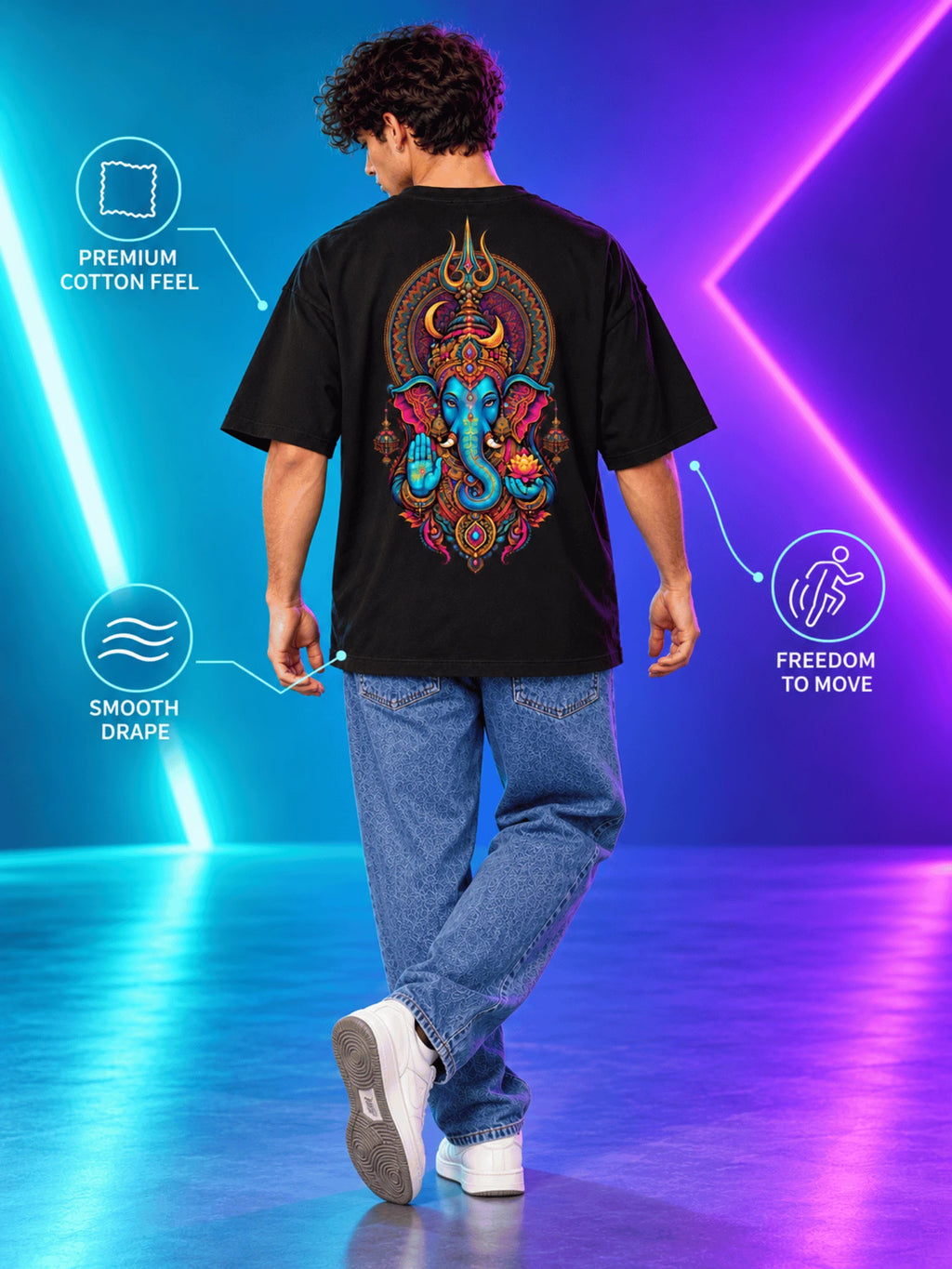 Excello Men's Divine Ganesha Trishul Graphic Oversized T-Shirt - 240 GSM Pure Cotton, Bio-Washed-Black