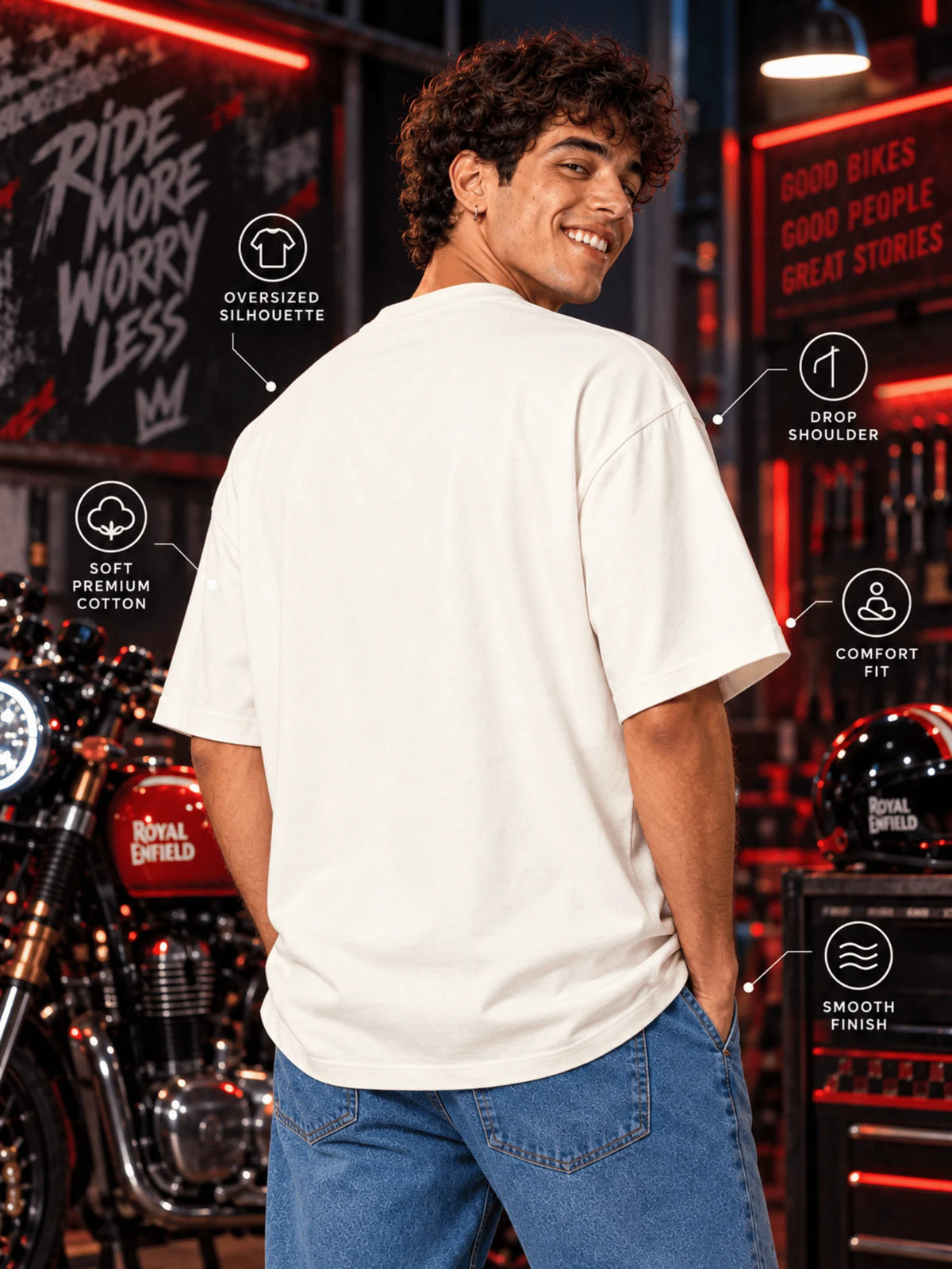 Excello Men's Royal Enfield GT 650 'Midnight Rush' Graphic Oversized T-Shirt | Off White