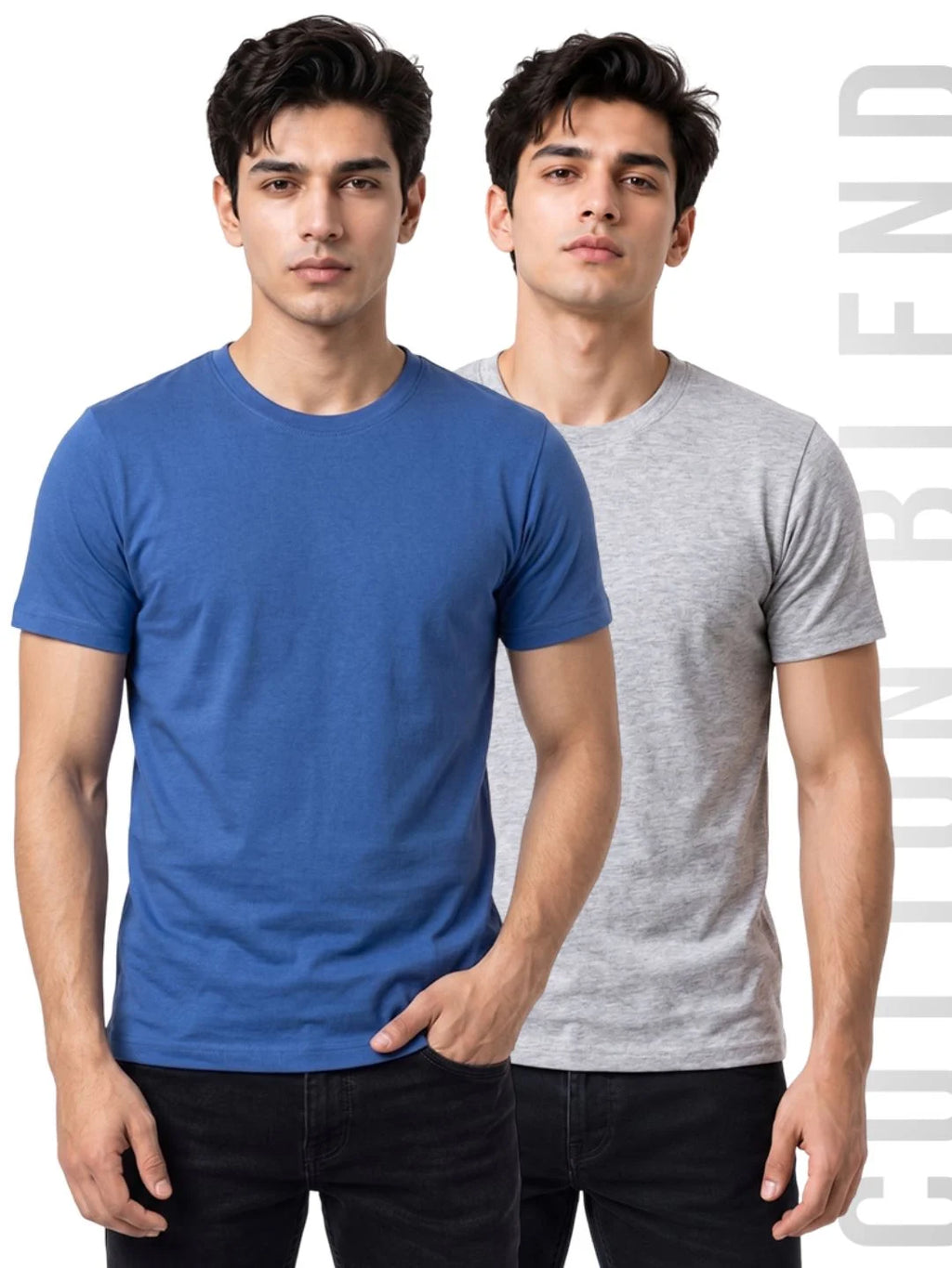 Excello Men's Cotton Blend Bio-Wash Plain  Regular Fit Round Neck T-Shirt  | Grey & Royal