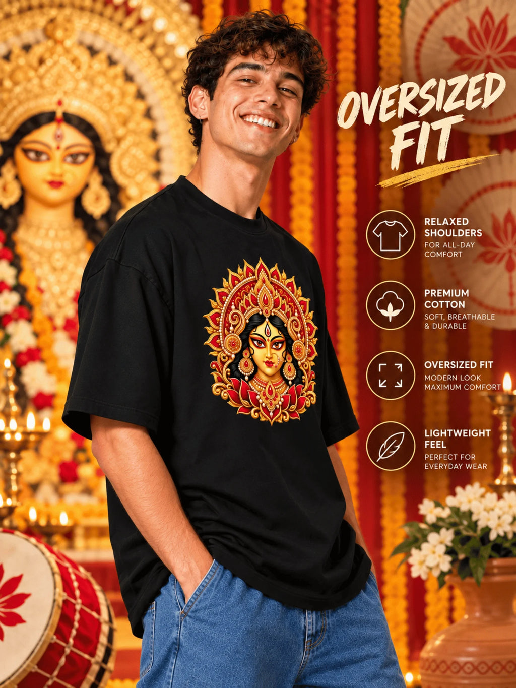 Excello Men's Divine Maa Durga Portrait Graphic Oversized T-Shirt | Black